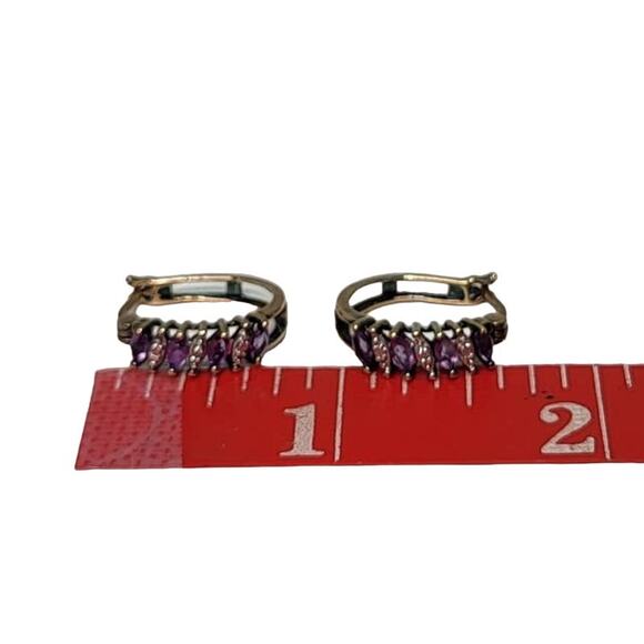 Sterling Silver 925 Marquise Cut Amethyst Diamond Chip Hoop Circle Earrings - Picture 11 of 11